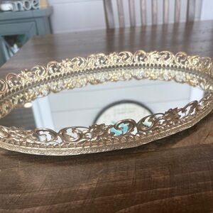 Vintage Gold Tone Metal Filigree Mirror Tray